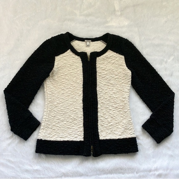 Like New J. Crew Black and Cream Colorblock Boucle Double Zipper Jacket - Picture 2 of 8